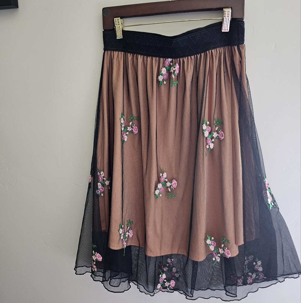 LuLaRoe Black and Pink Embellished Midi Skirt